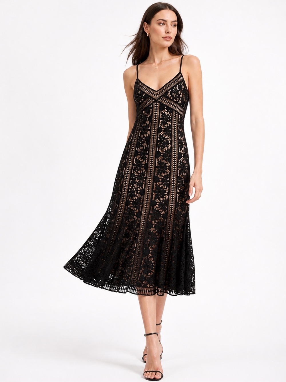 Saylor Black Lace Nude Lined Midi Dress Large NWT